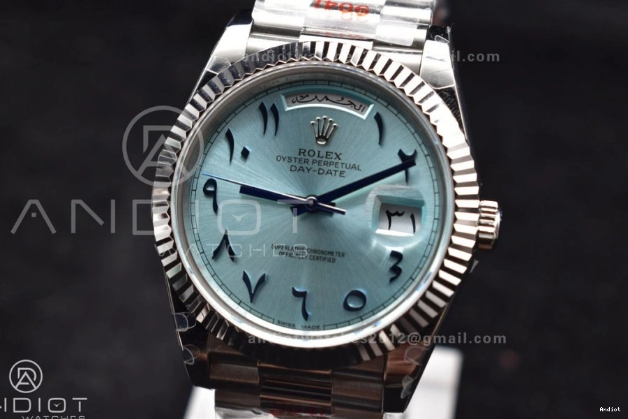 Arabic Blue 904L Dial Bracelet V2 on Markers SS A3255 President DayDate 40 Iced GMF Steel 1126